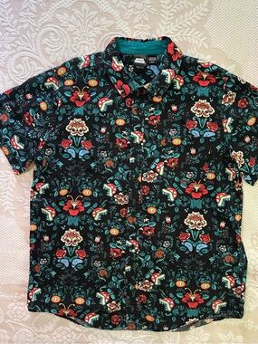 Nintendo Black Short-Sleeve Button-Up with Teal & Red Floral Print